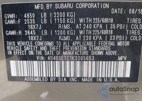 2019 Subaru Outback from USA, damaged, VIN 4S4BSETC1K3205653